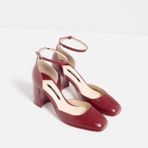 Zara red leather ankle strap shoes heels 38 7.5